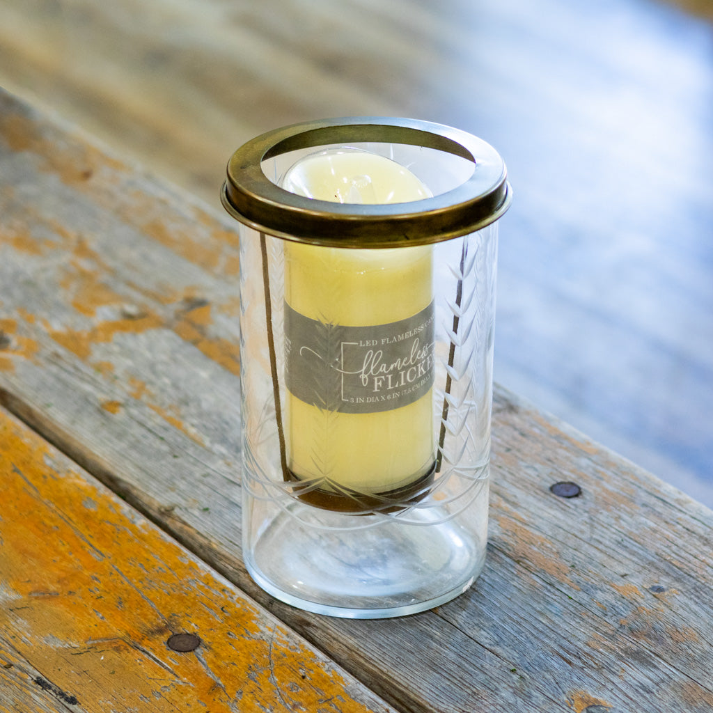 Etched Glass Candle Holder with Bronze Toned Metal Frame