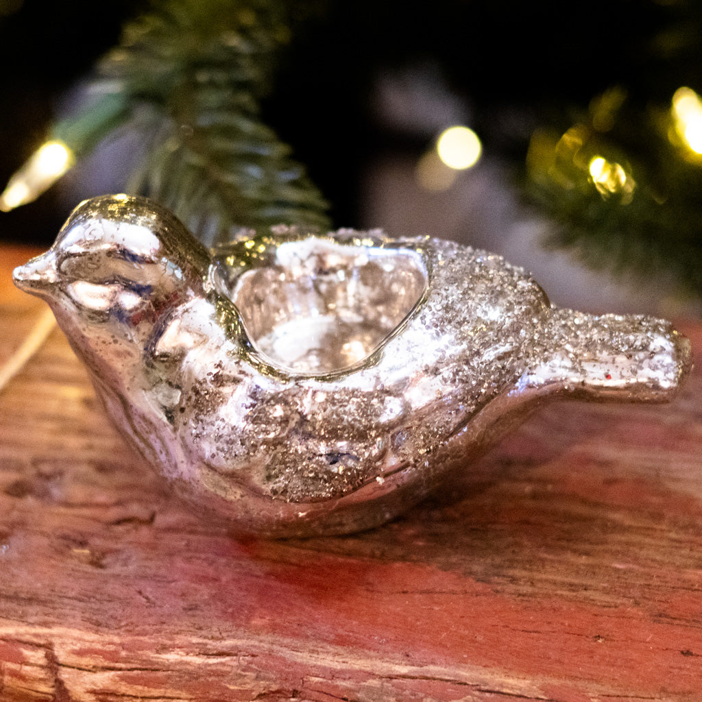 Antique Silver Glitter Glass Bird