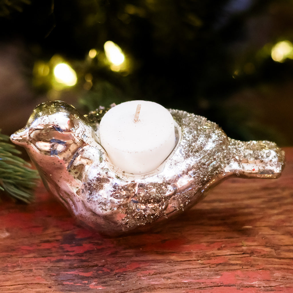 Antique Silver Glitter Glass Bird