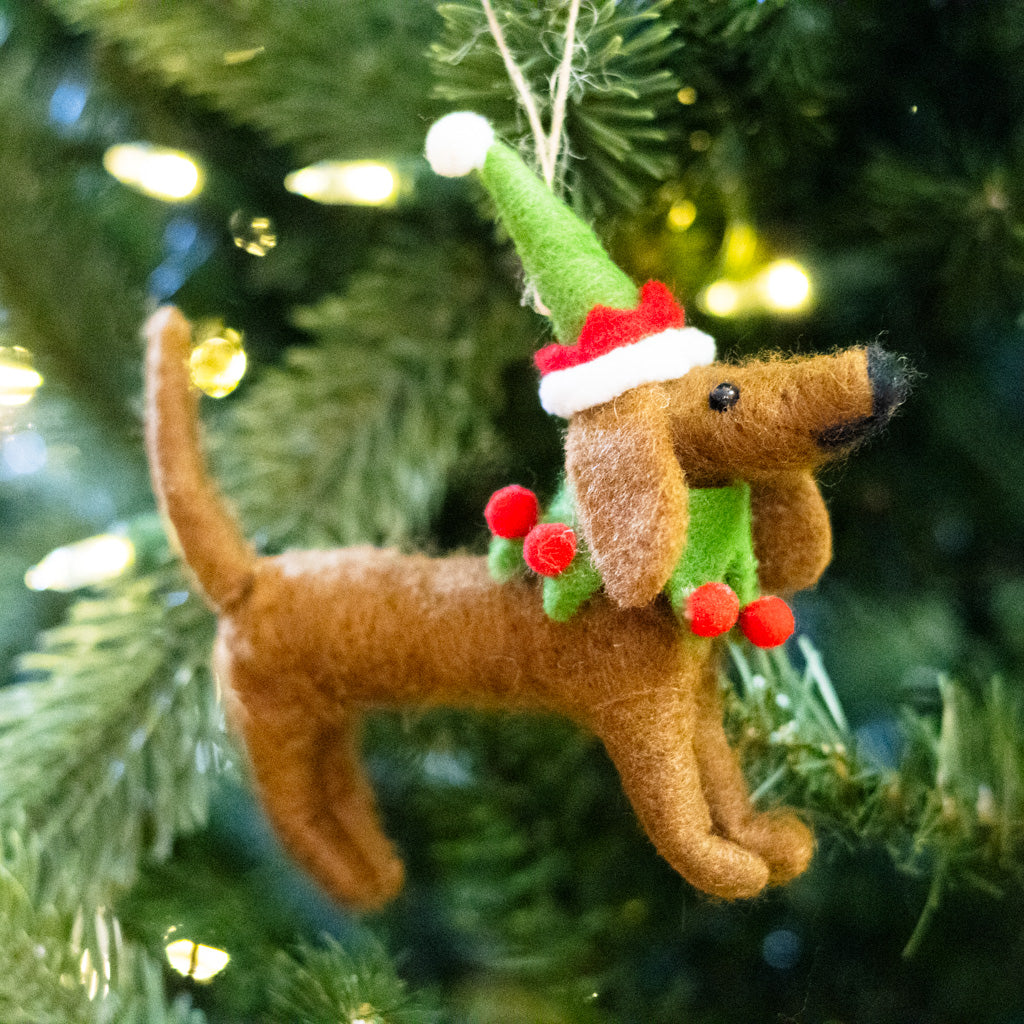 Felt Brown Dog with Holiday Hat and Collar