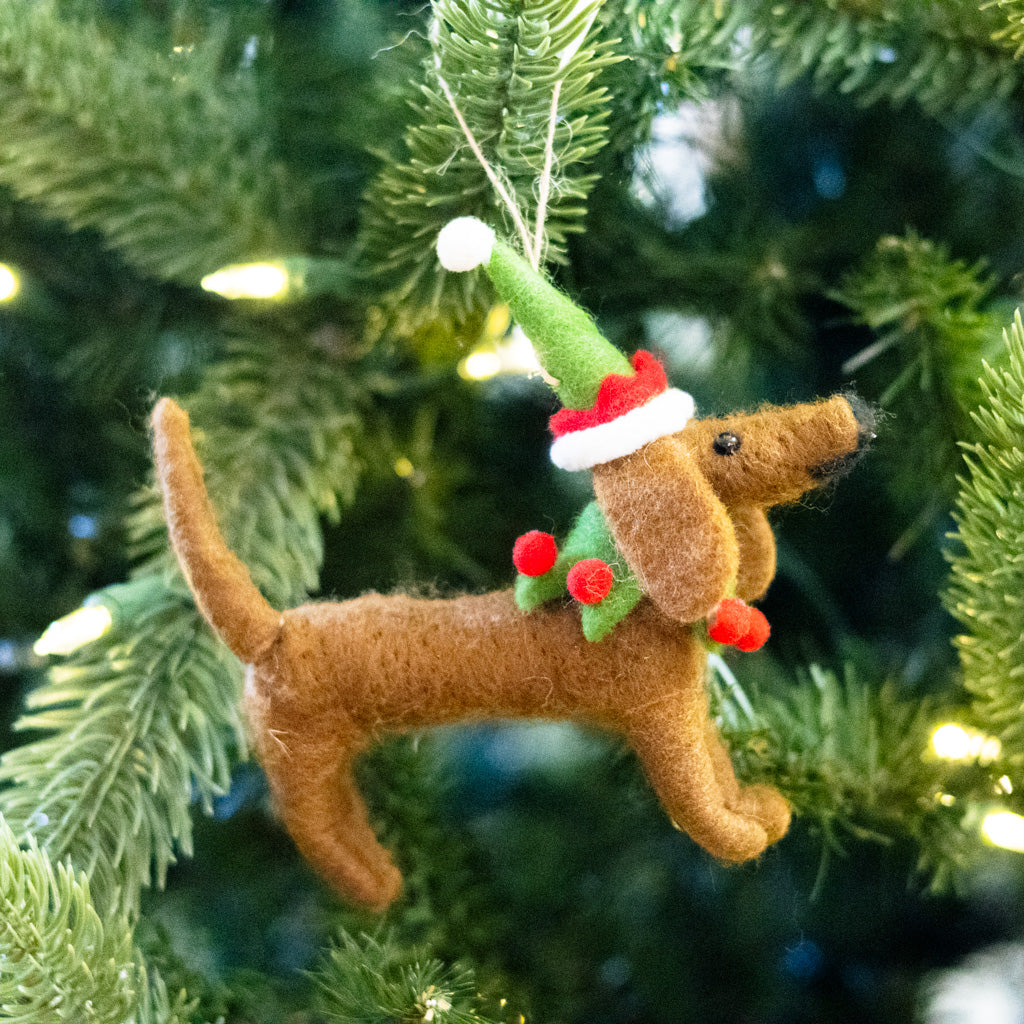 Felt Brown Dog with Holiday Hat and Collar