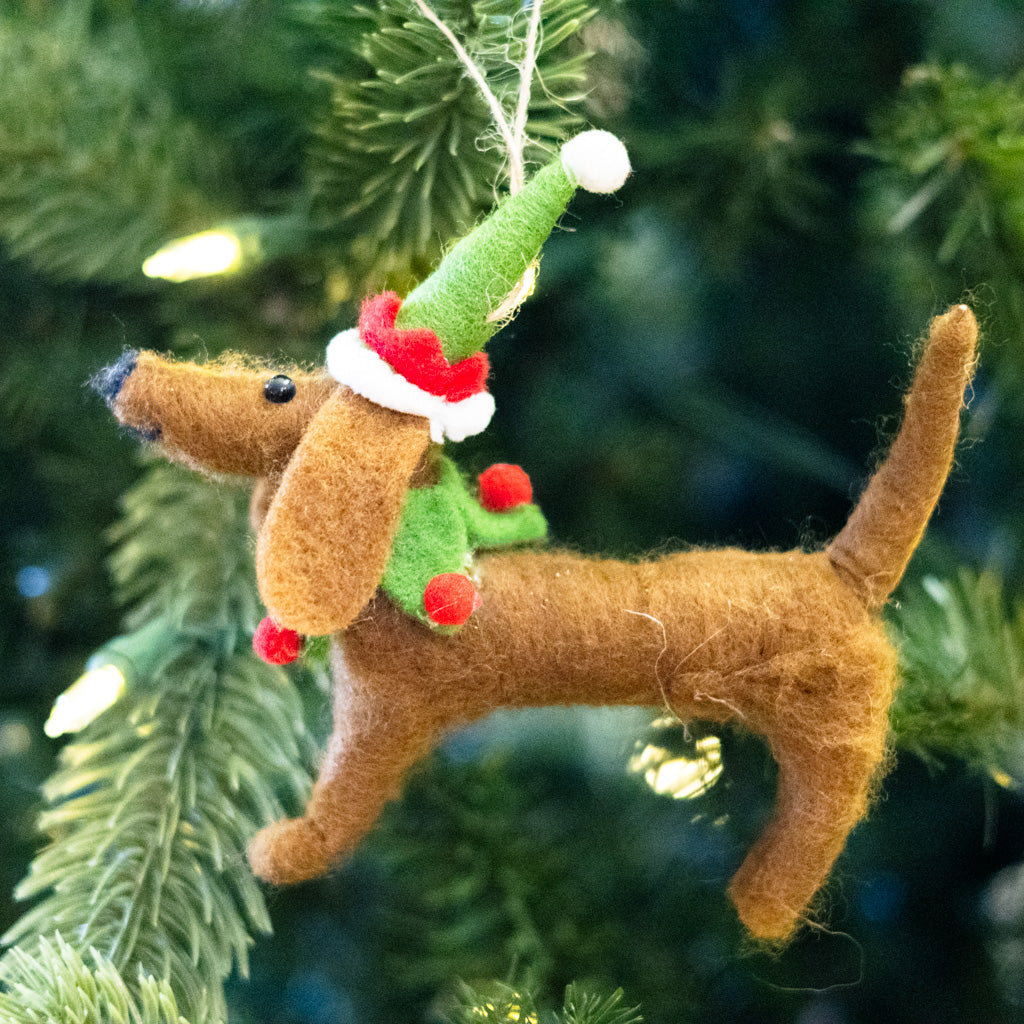 Felt Brown Dog with Holiday Hat and Collar
