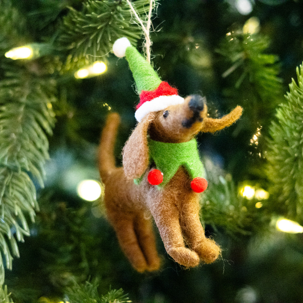 Felt Brown Dog with Holiday Hat and Collar