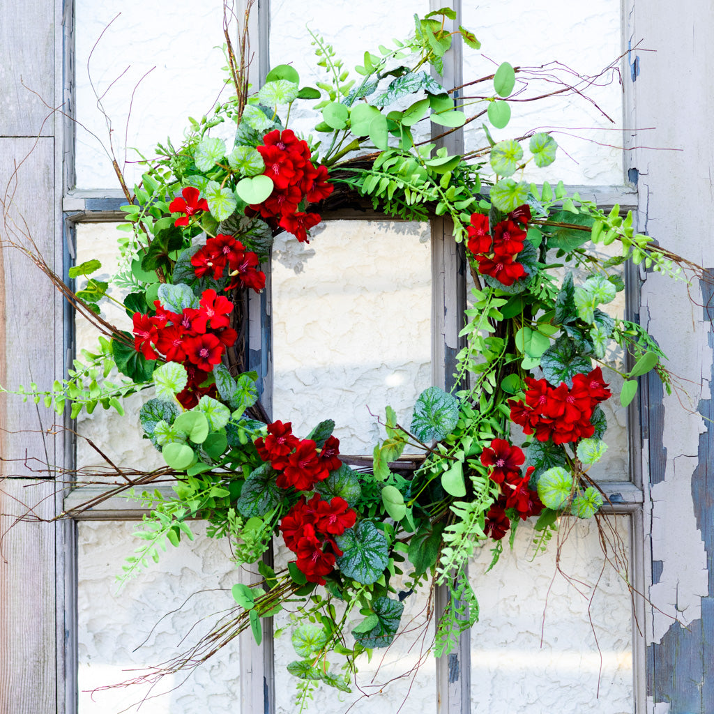 Red Geranium Mixed Foliage Wreath
