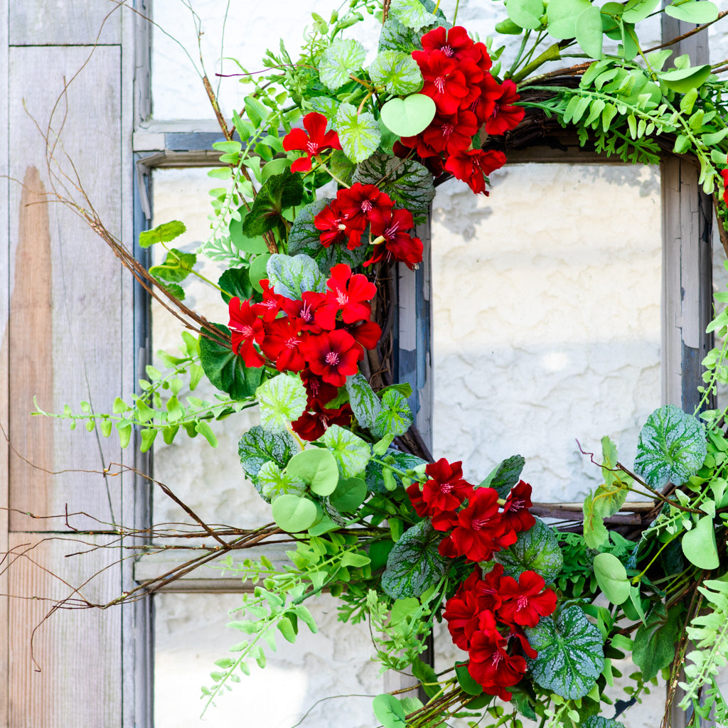Red Geranium Mixed Foliage Wreath