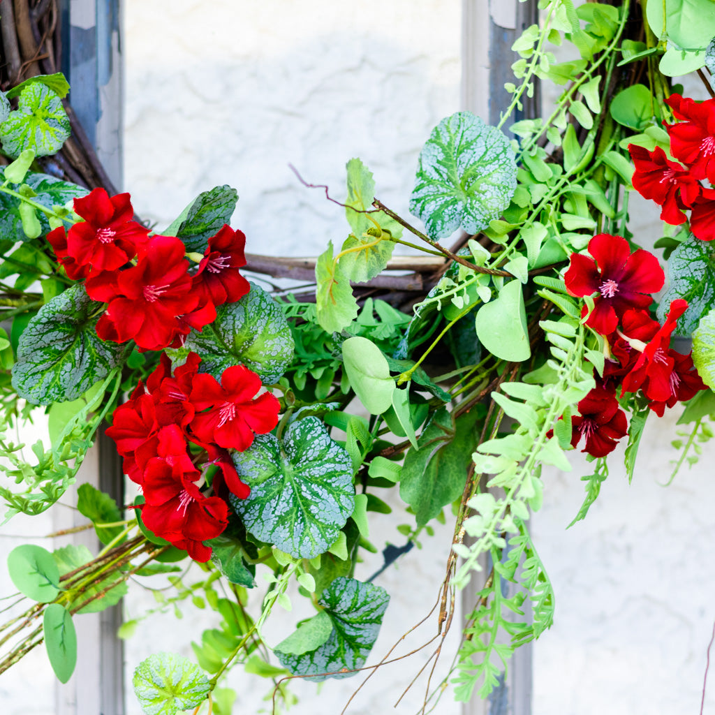 Red Geranium Mixed Foliage Wreath