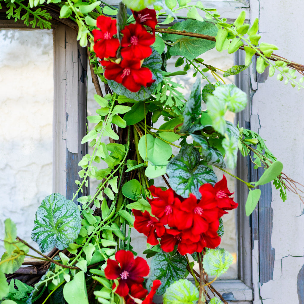 Red Geranium Mixed Foliage Wreath