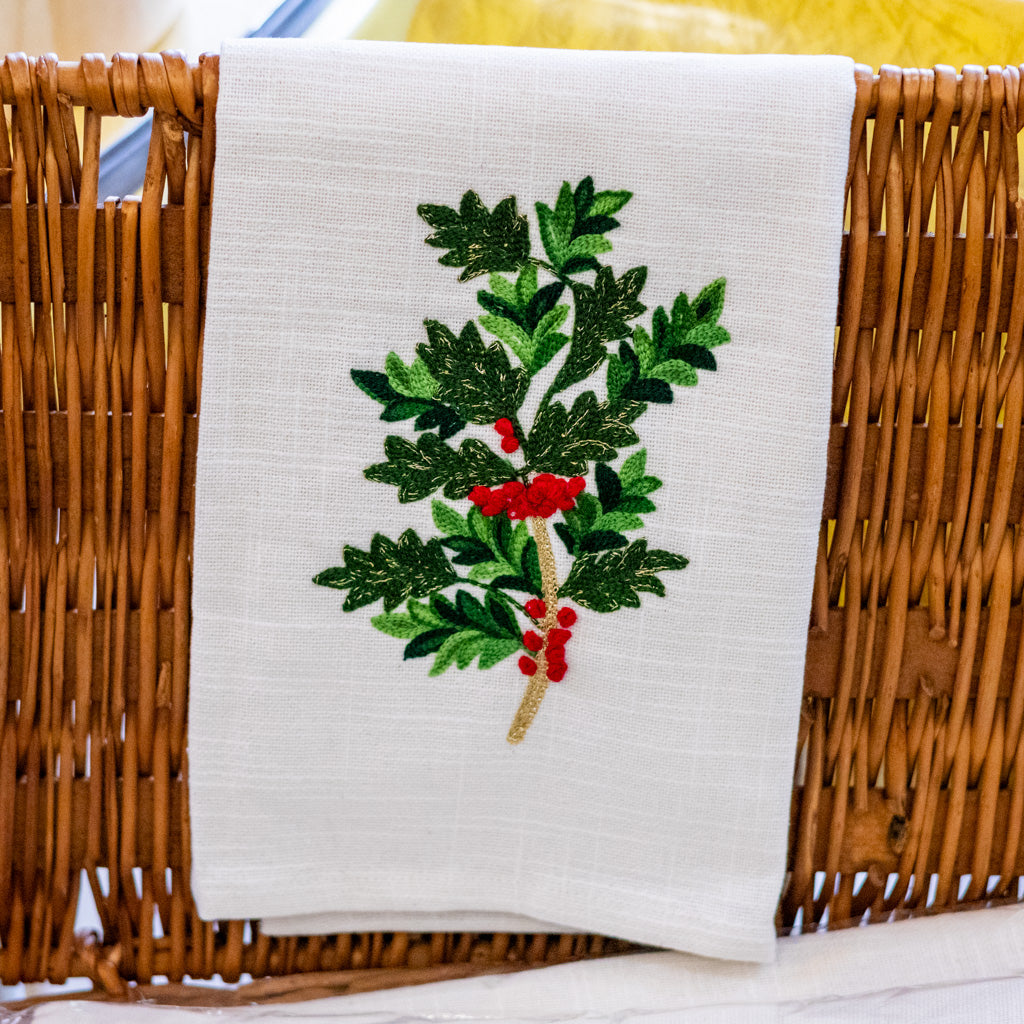 Cream Tea Towel with Holly Leaves and Berries