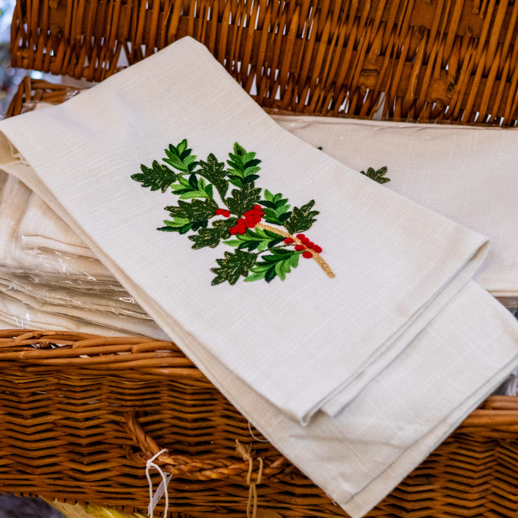 Cream Tea Towel with Holly Leaves and Berries