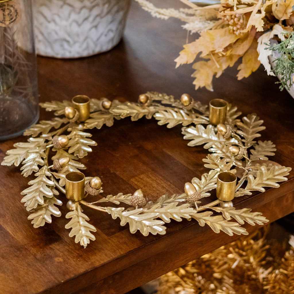 Oak Candle Wreath Metal Gold Finish