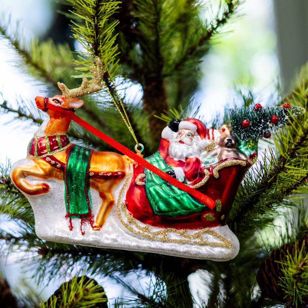 Sparkling Santa on Sleigh with Deer Ornament