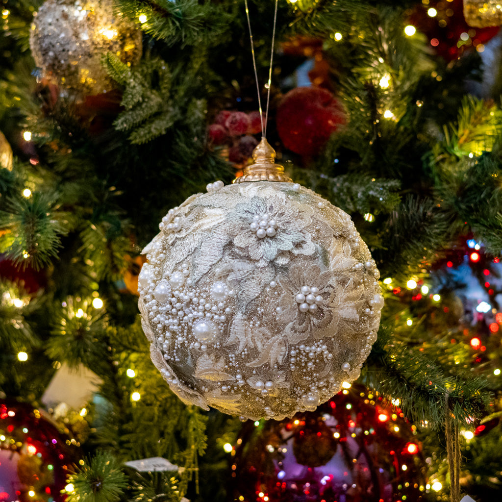 Medium Embellished Pearl Glitter Ball Ornament