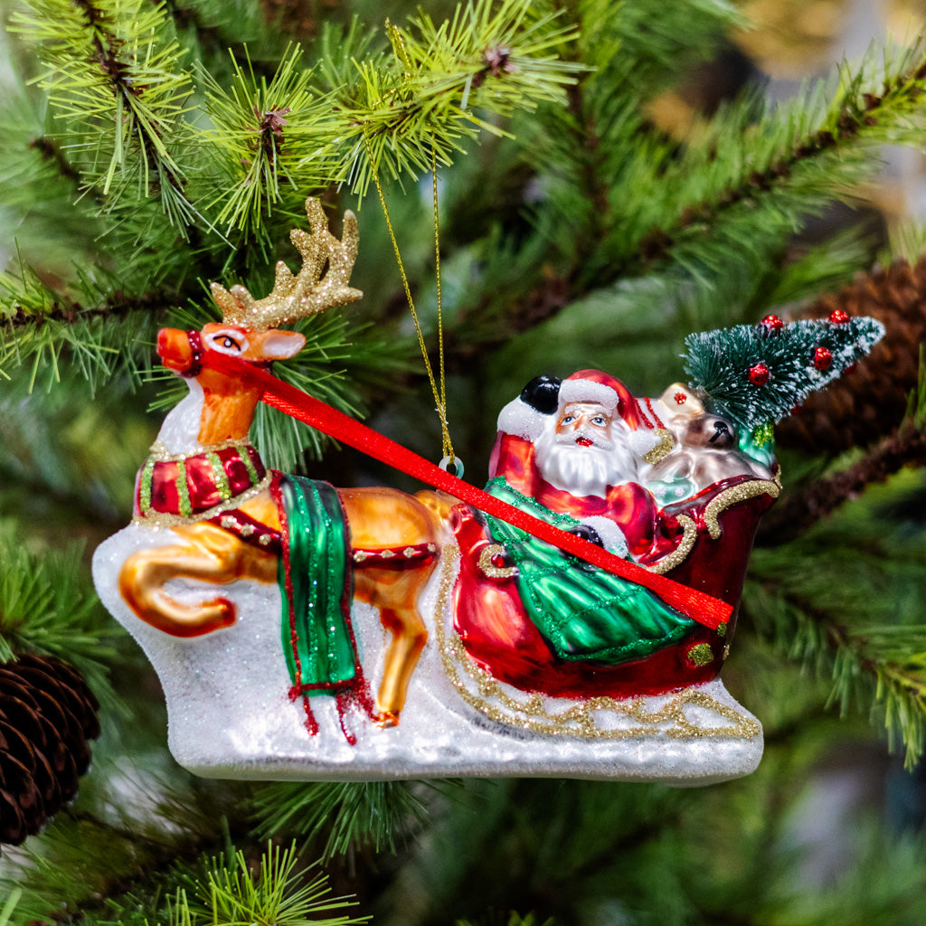 Sparkling Santa on Sleigh with Deer Ornament