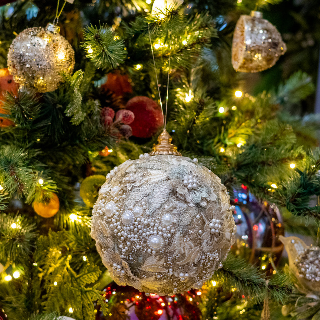 Medium Embellished Pearl Glitter Ball Ornament