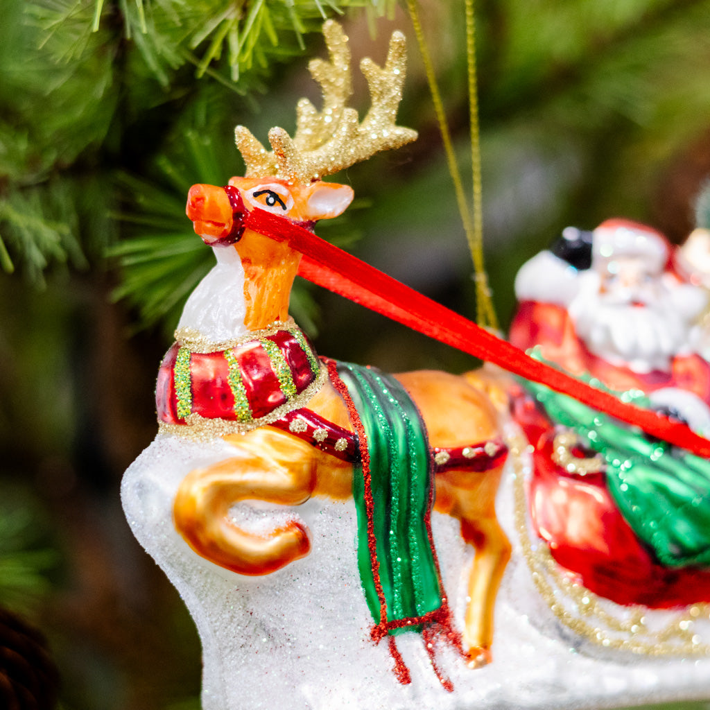 Sparkling Santa on Sleigh with Deer Ornament
