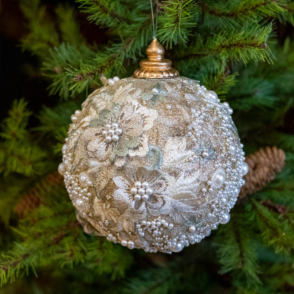 Medium Embellished Pearl Glitter Ball Ornament