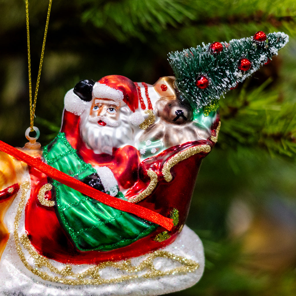 Sparkling Santa on Sleigh with Deer Ornament