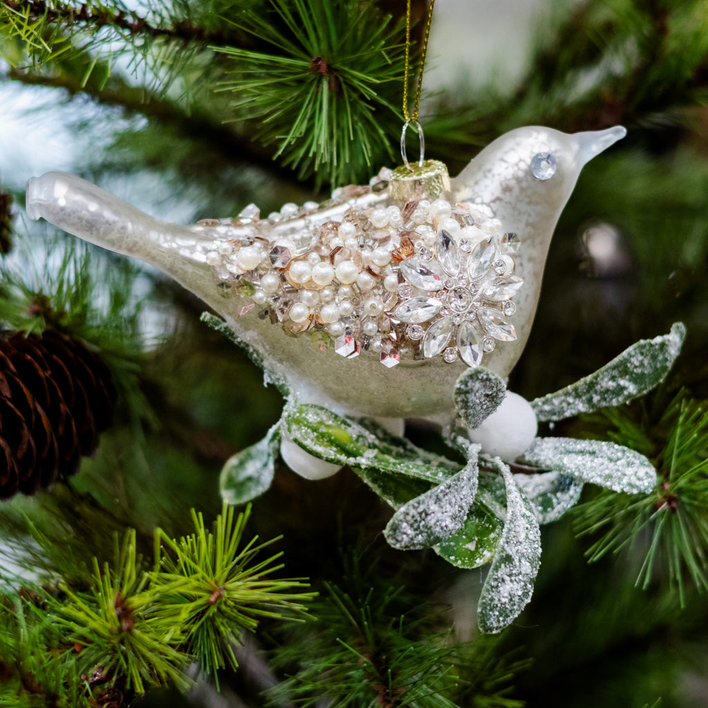 Glass Silver Sequin Bird with Mistletoe Ornament