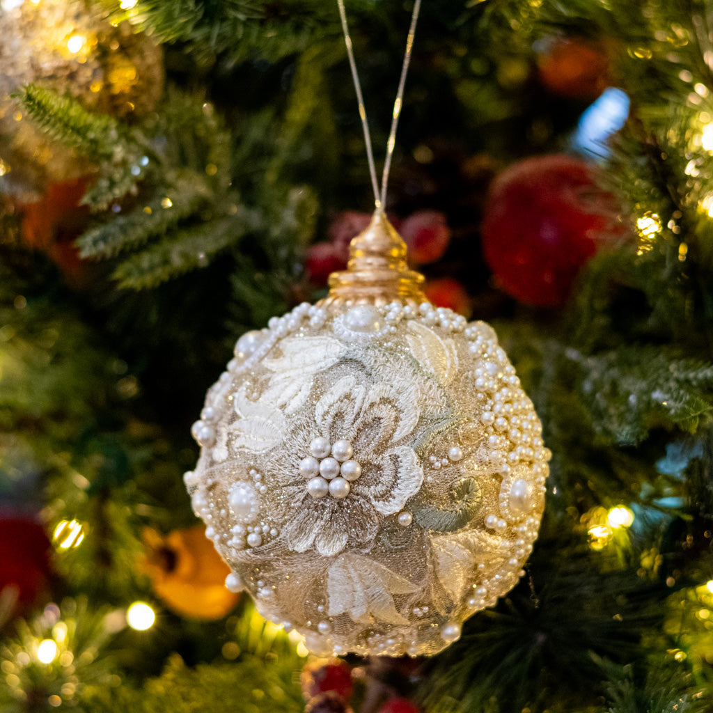 Small Embellished Pearl Glitter Ball Ornament