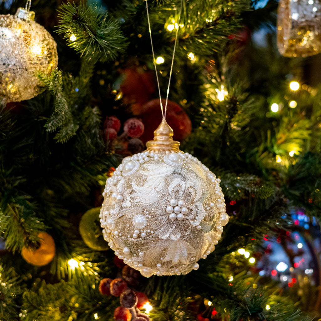 Small Embellished Pearl Glitter Ball Ornament