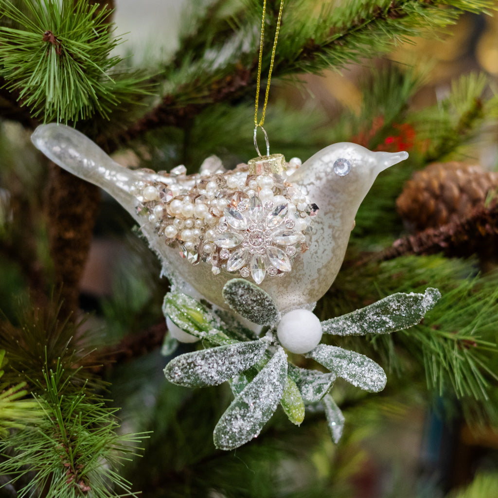 Glass Silver Sequin Bird with Mistletoe Ornament