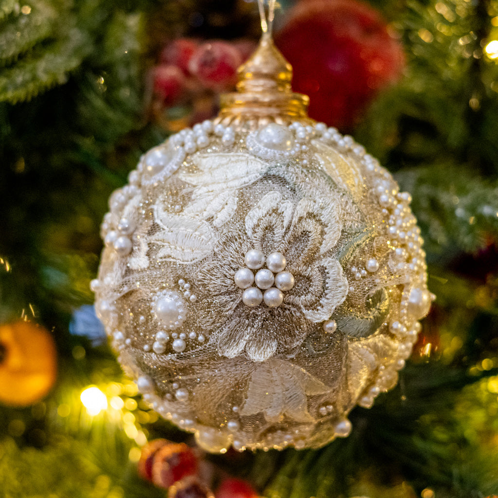 Small Embellished Pearl Glitter Ball Ornament