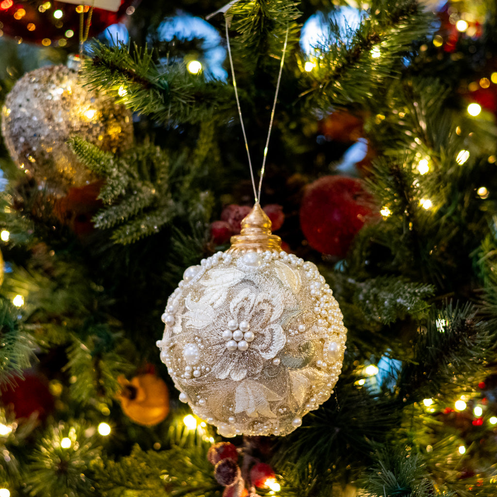Small Embellished Pearl Glitter Ball Ornament