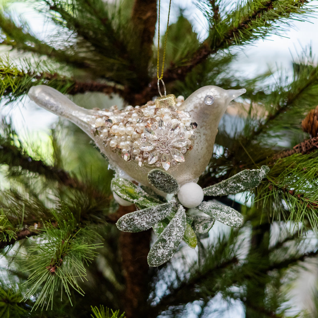 Glass Silver Sequin Bird with Mistletoe Ornament
