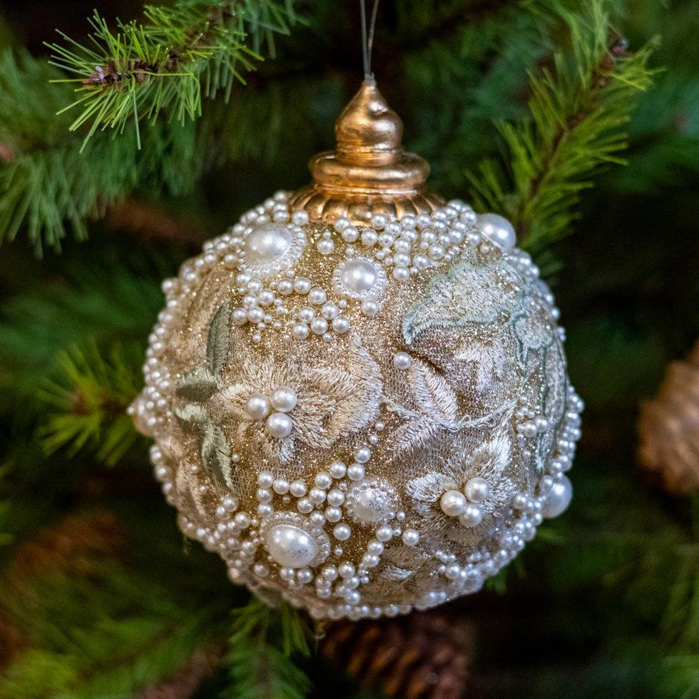 Small Embellished Pearl Glitter Ball Ornament