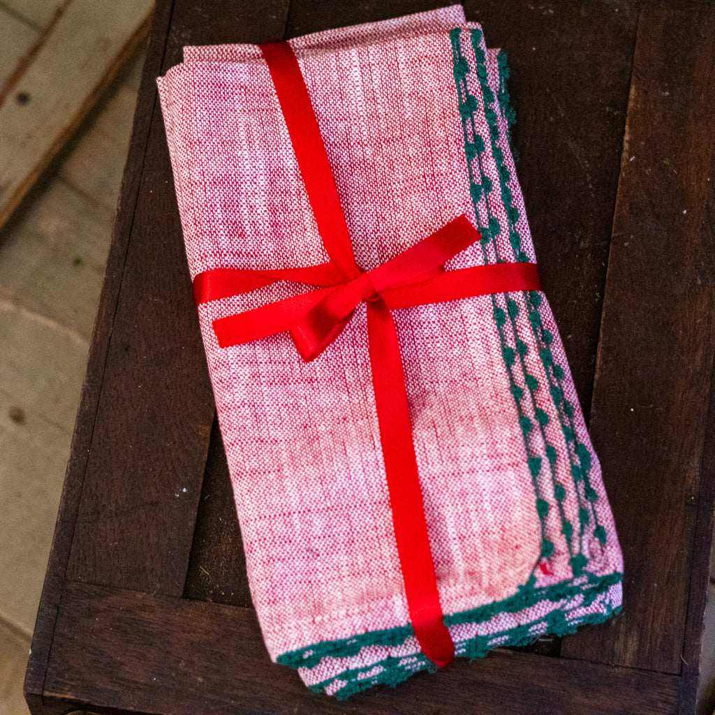 Set of Four Knotted Edge Candy Cane Red with Green Trim Cotton Napkins