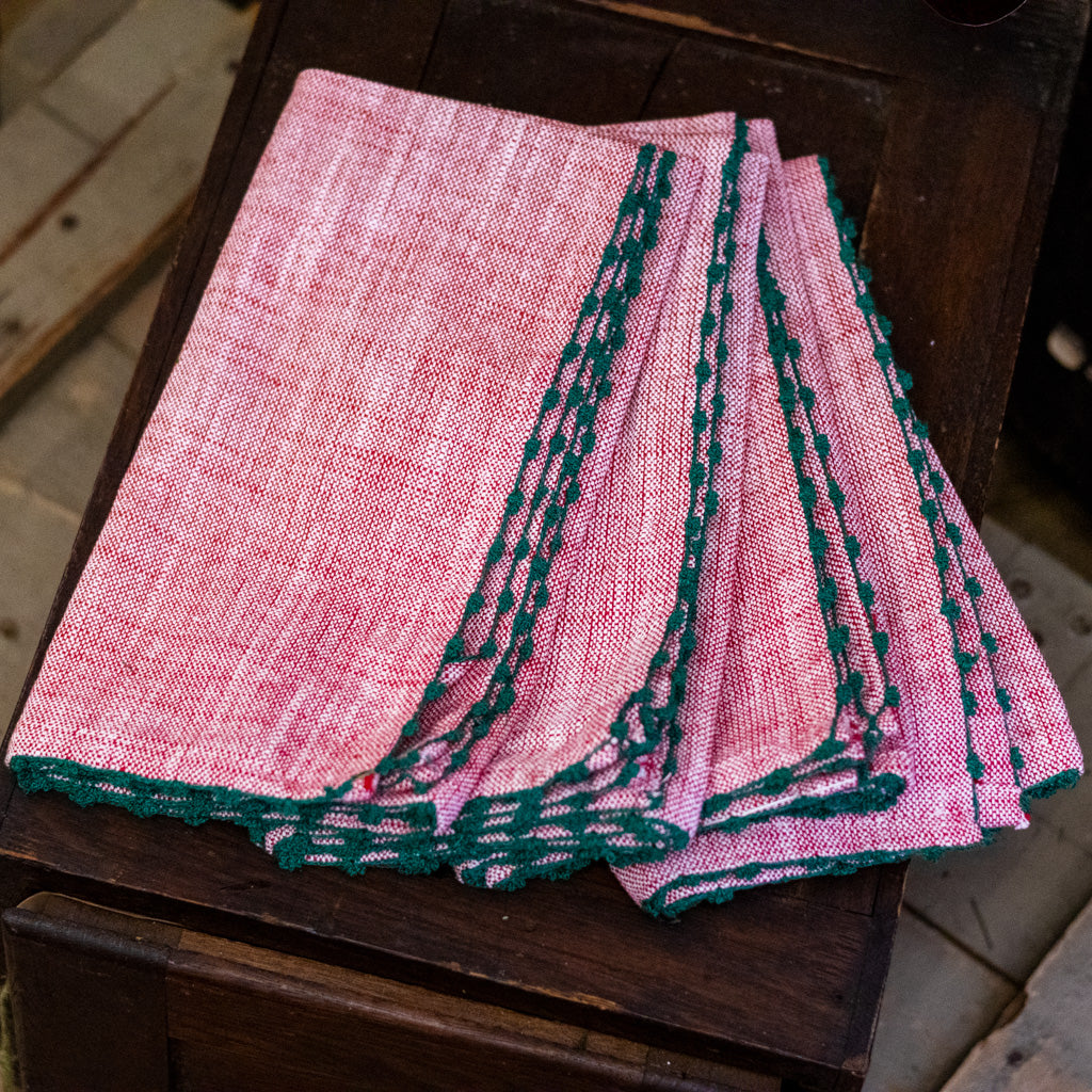 Set of Four Knotted Edge Candy Cane Red with Green Trim Cotton Napkins