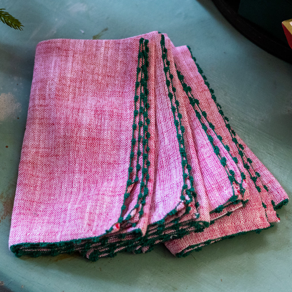 Set of Four Knotted Edge Candy Cane Red with Green Trim Cotton Napkins