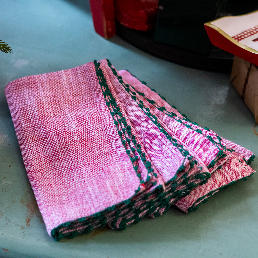 Set of Four Knotted Edge Candy Cane Red with Green Trim Cotton Napkins