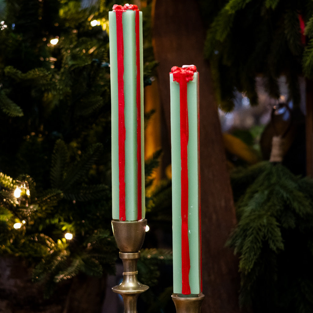 Green and Red Unscented Package Shaped Taper Candles Box of Two