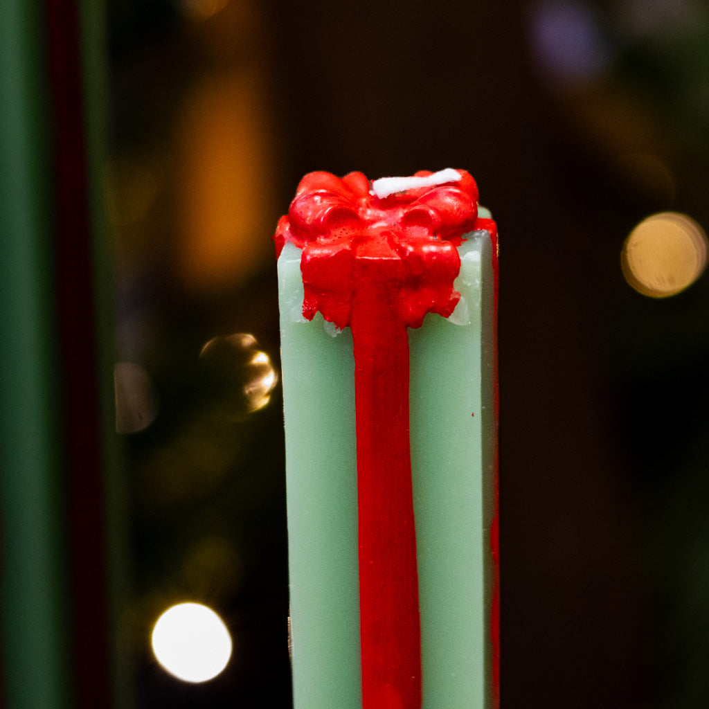 Green and Red Unscented Package Shaped Taper Candles Box of Two