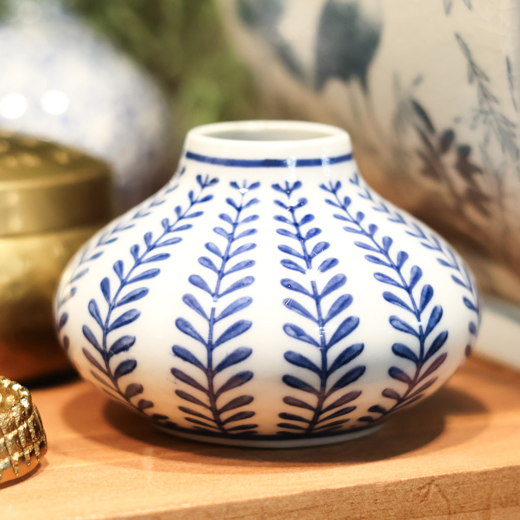 Hand-Stamped Stoneware Vase Blue and White Vine