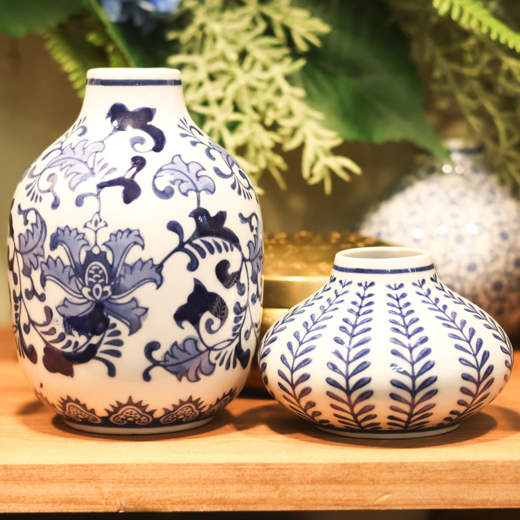 Hand-Stamped Stoneware Vase Blue and White Vine