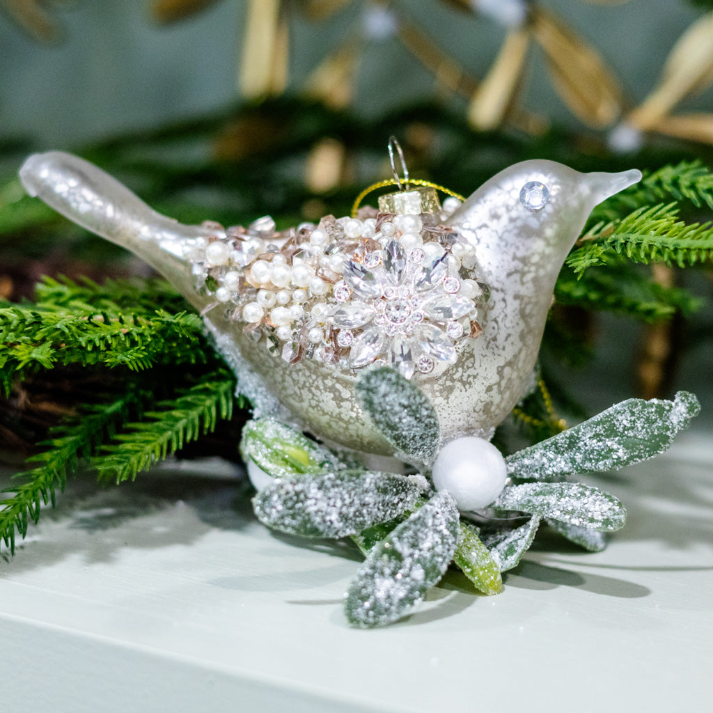 Glass Silver Sequin Bird with Mistletoe Ornament