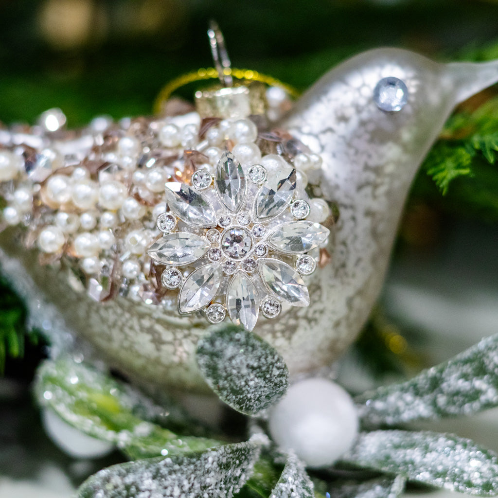 Glass Silver Sequin Bird with Mistletoe Ornament