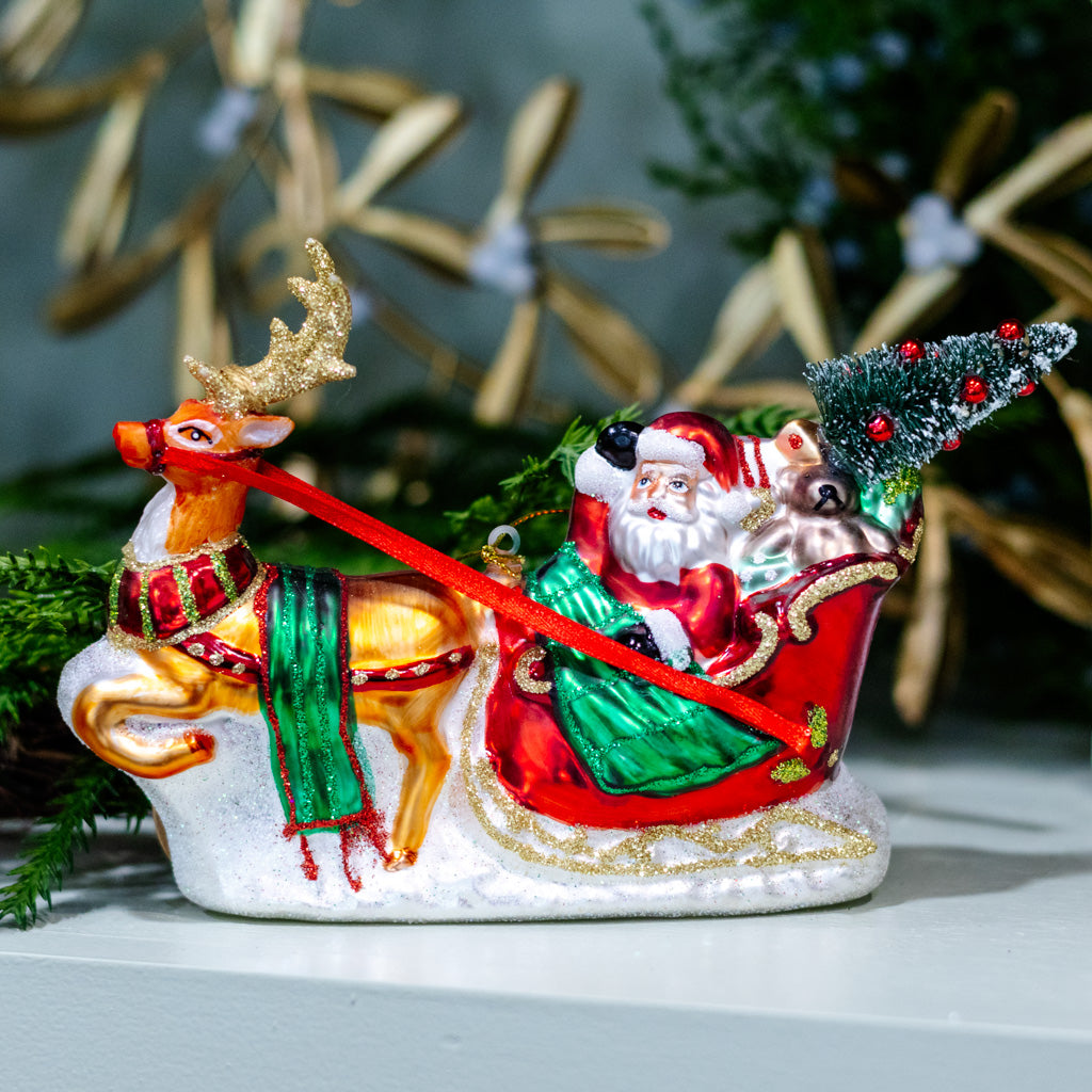 Sparkling Santa on Sleigh with Deer Ornament