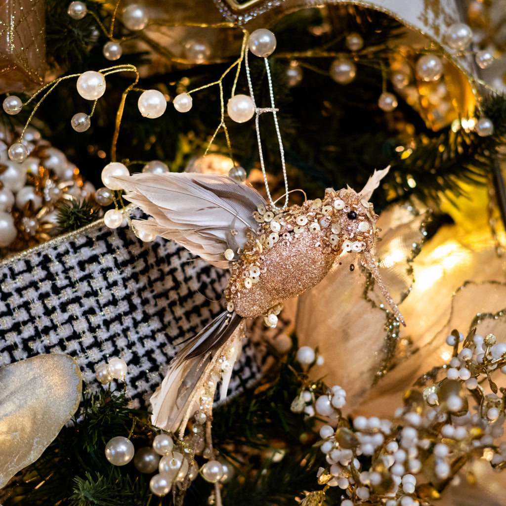 Glitter Sequin Beaded Champagne Hummingbird Ornament