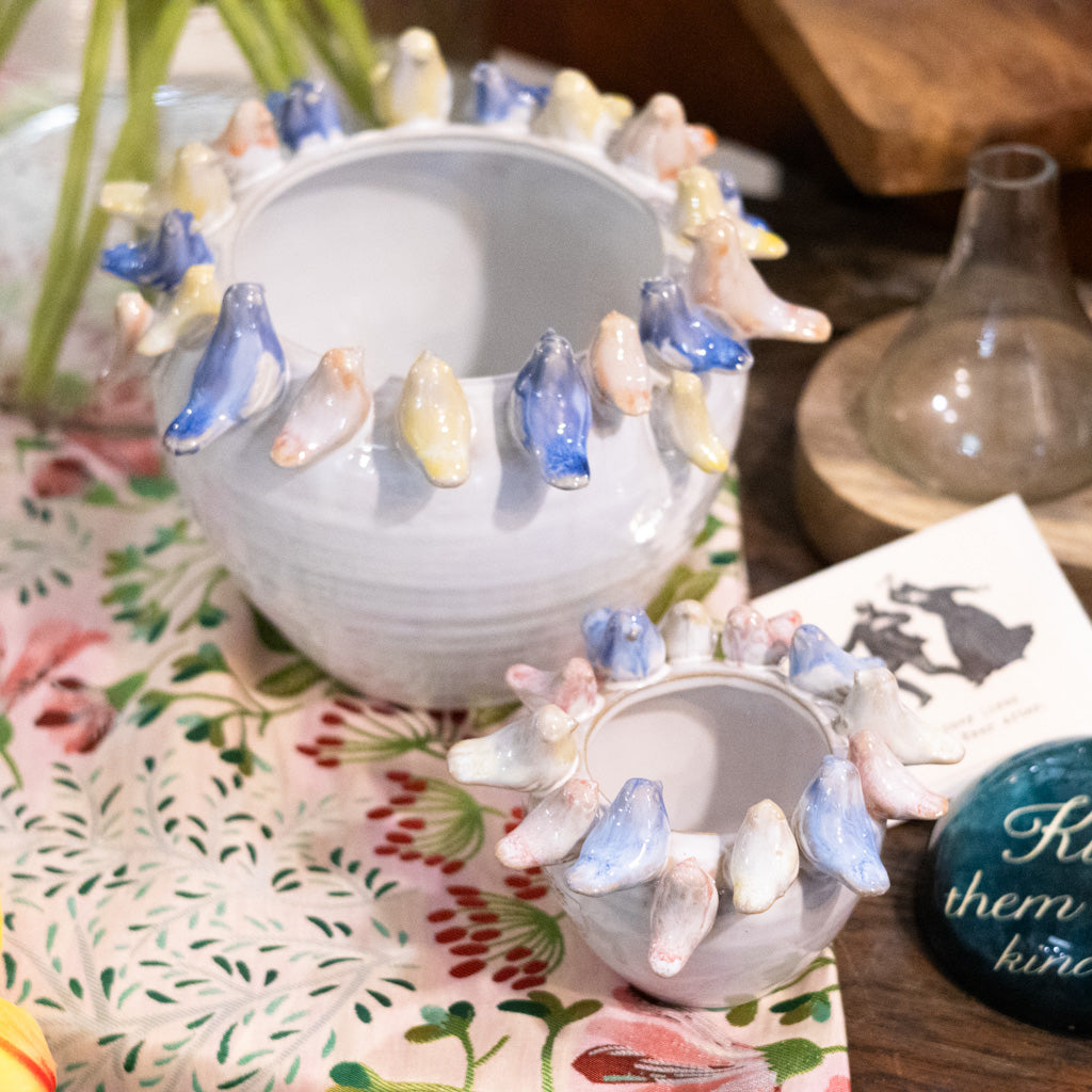 Stoneware Planter with Colorful Birds on Rim Large