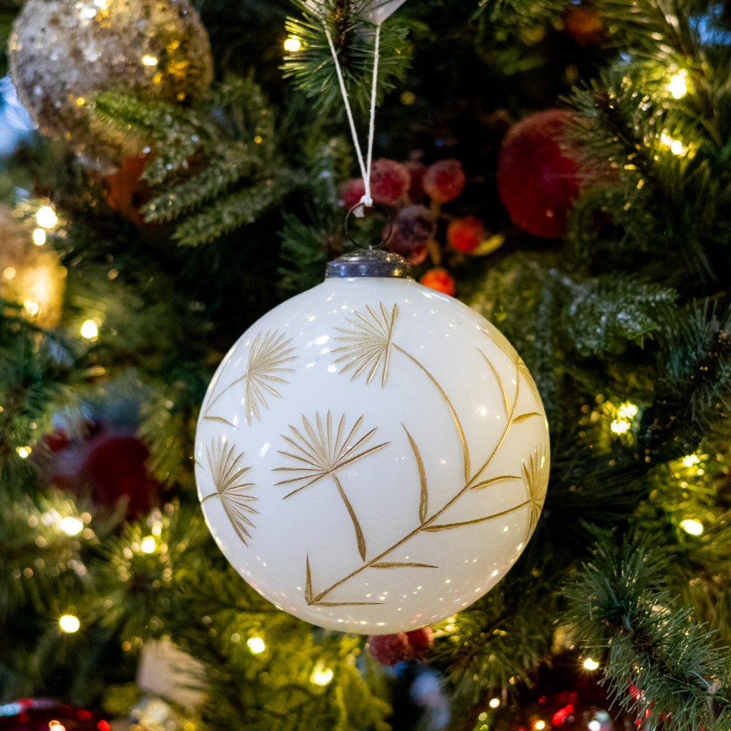 Large White and Gold Floral Etched Ornament