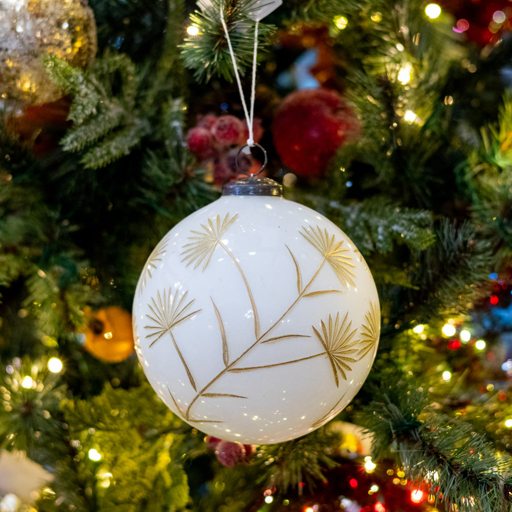 Large White and Gold Floral Etched Ornament
