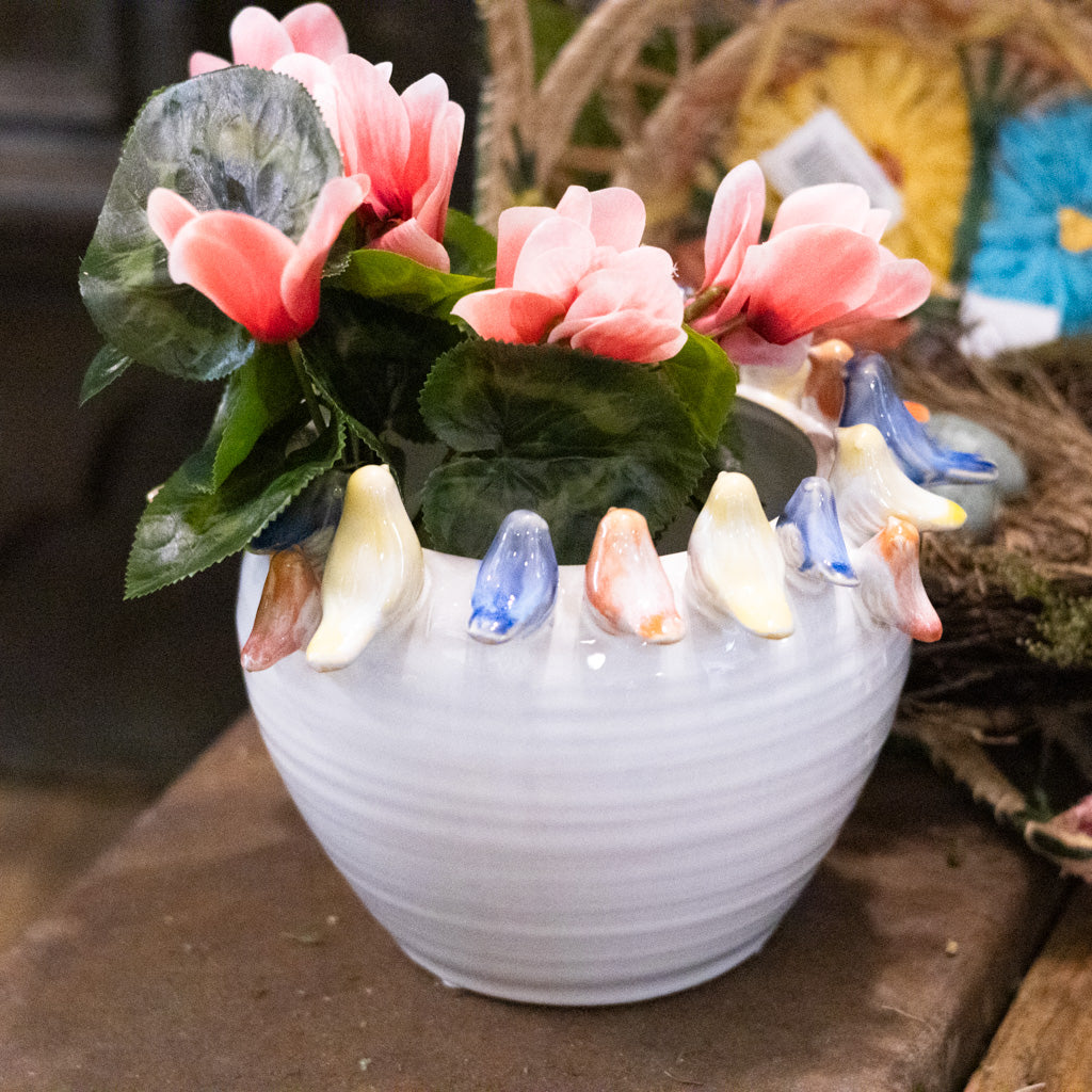 Stoneware Planter with Colorful Birds on Rim Large