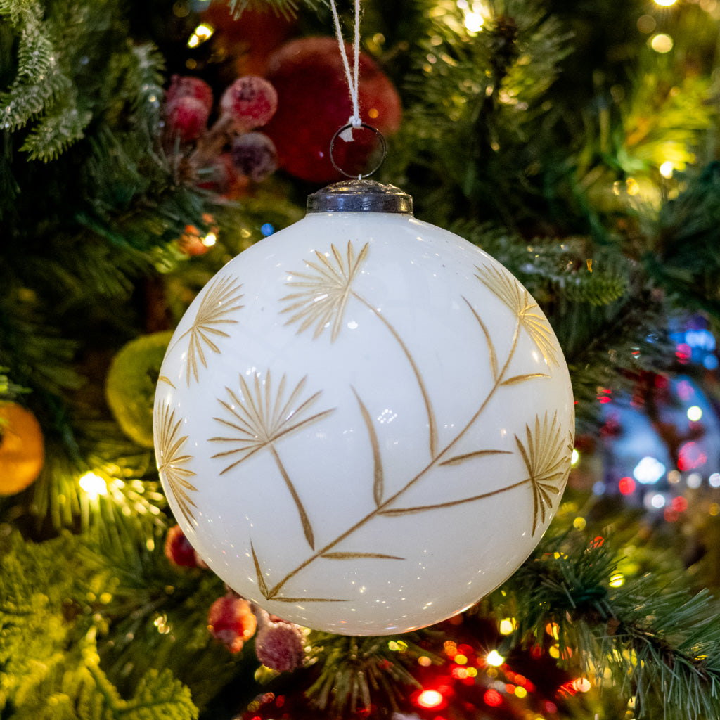 Large White and Gold Floral Etched Ornament