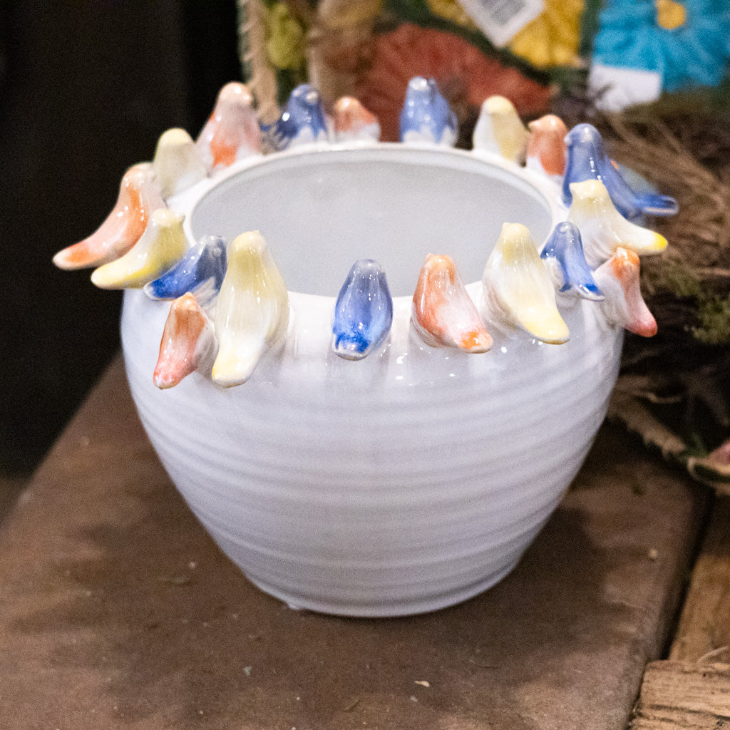 Stoneware Planter with Colorful Birds on Rim Large