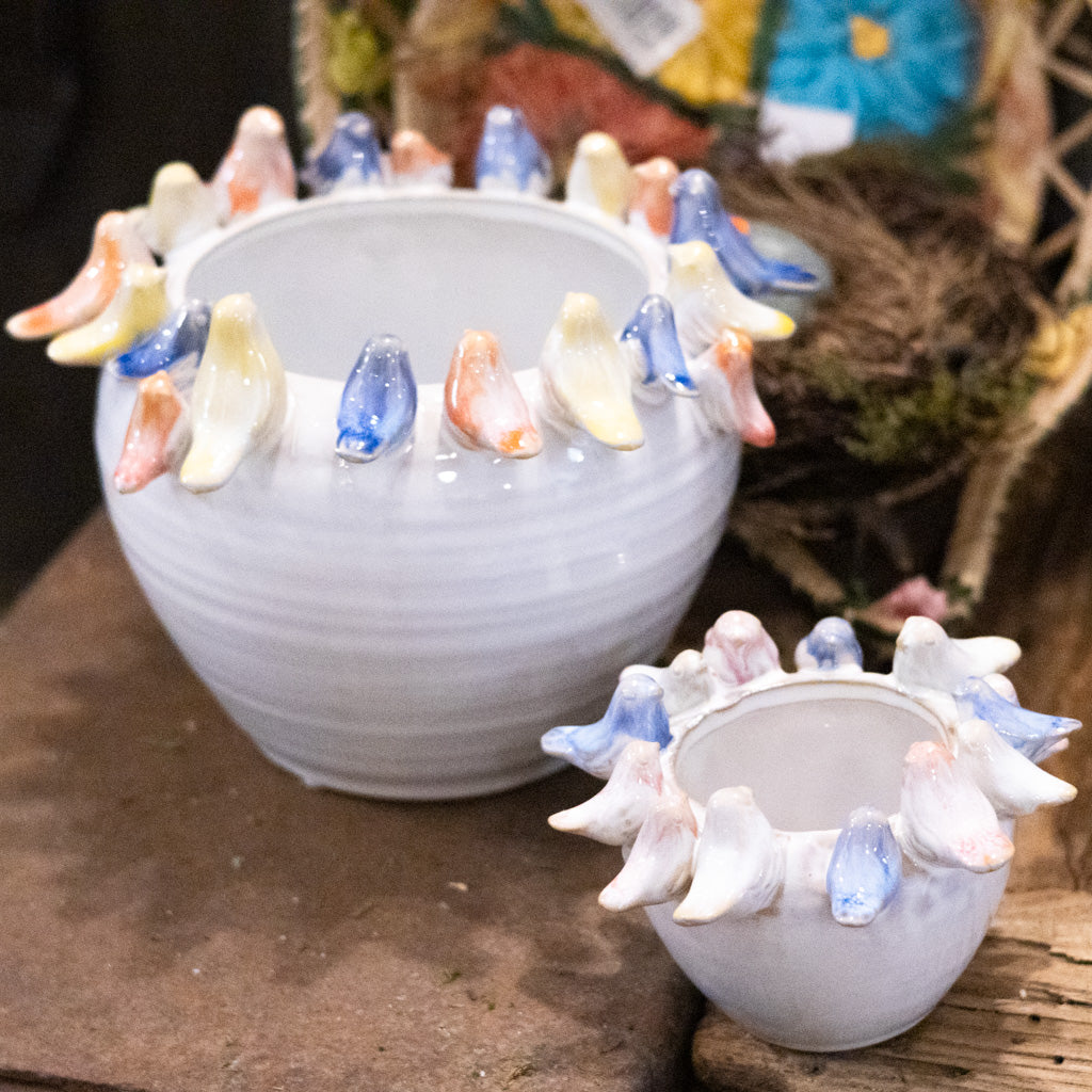 Stoneware Planter with Colorful Birds on Rim Large