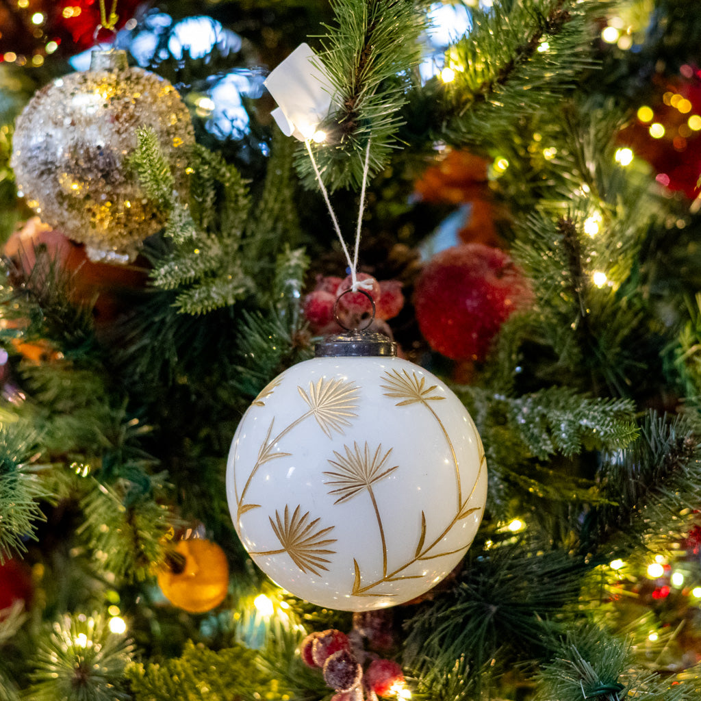 Small White and Gold Floral Etched Ornament