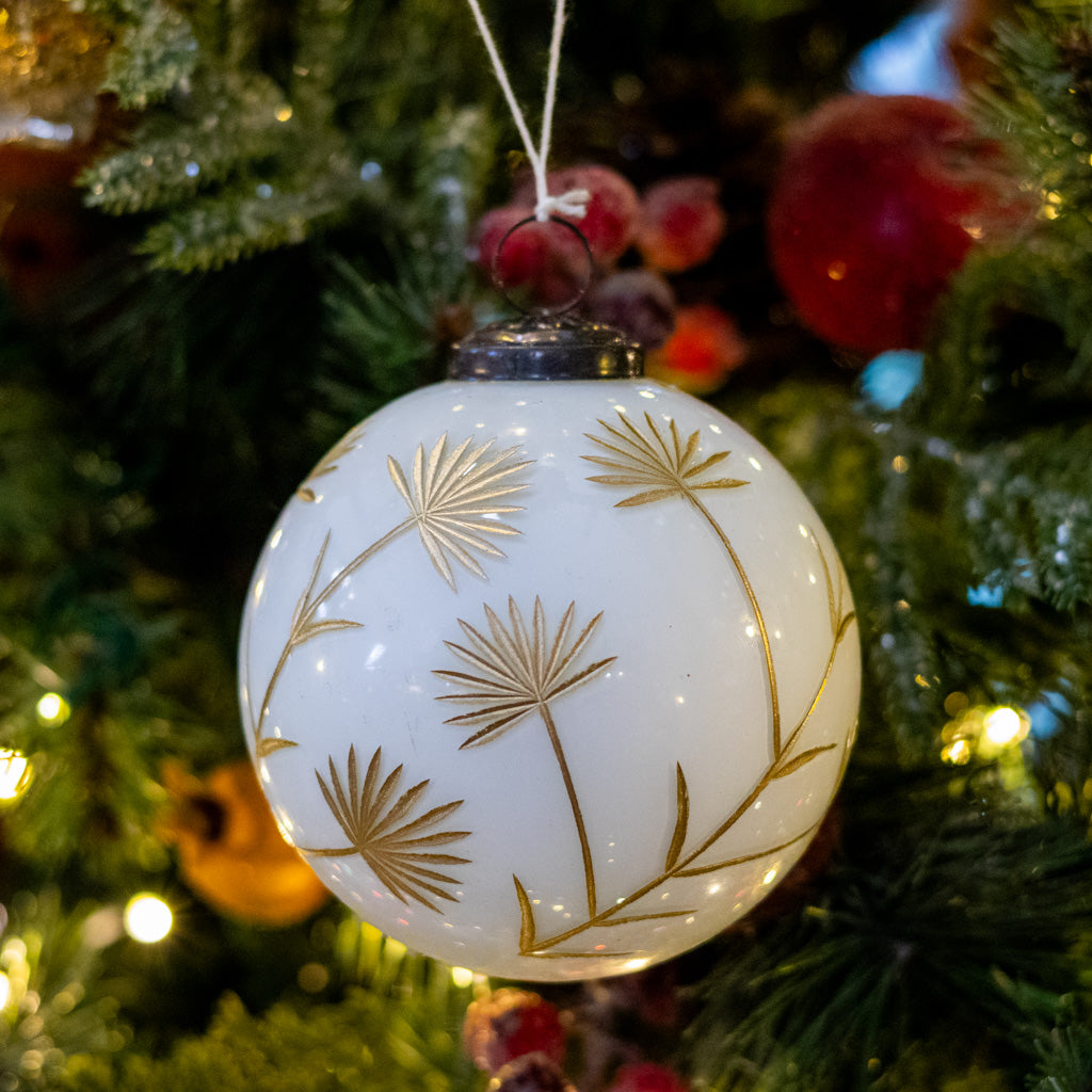 Small White and Gold Floral Etched Ornament